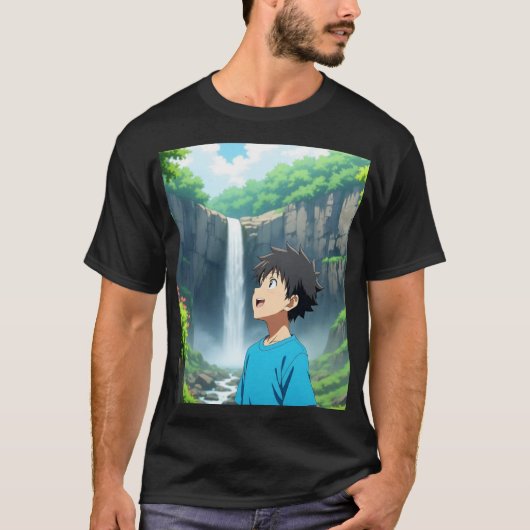 美しい自然の中の滝を眺めるアニメ少年 Tシャツ (正面)