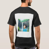 美しい自然の中の滝を眺めるアニメ少年 Tシャツ (裏面)