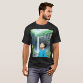 美しい自然の中の滝を眺めるアニメ少年 Tシャツ (正面フル)