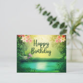 美しい自然の湖と花の誕生日おめでとう ポストカード (スタンド正面)