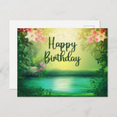 美しい自然の湖と花の誕生日おめでとう ポストカード (正面/裏面)