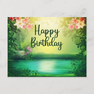 美しい自然の湖と花の誕生日 ポストカード