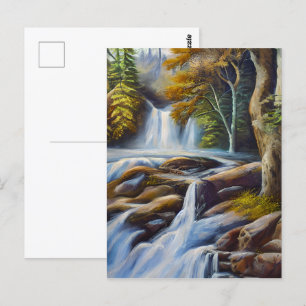 美しい自然の滝の小川の油彩画 ポストカード