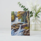 美しい自然の滝の小川の油彩画 ポストカード (スタンド正面)
