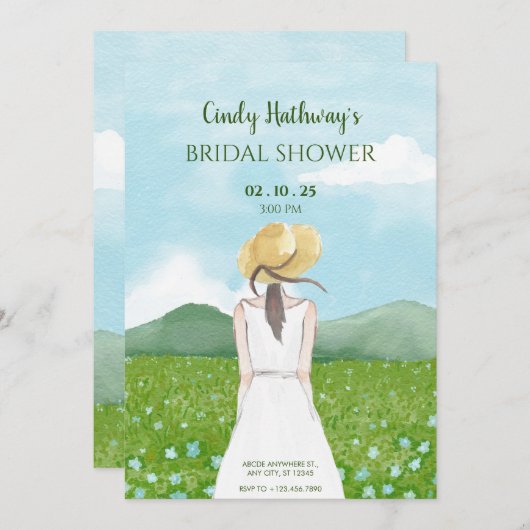 美しい自然の風景の中で春の少女 招待状 (正面/裏面)
