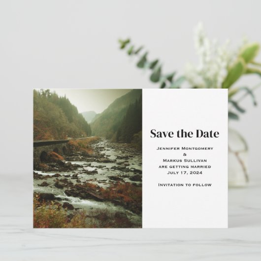 美しい自然の風景写真を使ったカジュアルな結婚式 セーブザデート (スタンド正面)