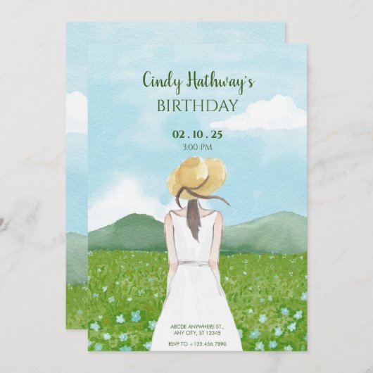 美しい自然ランドスケープ春ガールバースデー 招待状 (正面/裏面)