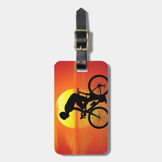 美しい自転車シルエットサンセットシカラフルーン ラゲッジタグ (正面縦)