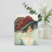 美しい色彩の鮮やかヴィンテージの女性、帽子の絹のバラ ポストカード (スタンド正面)