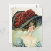 美しい色彩の鮮やかヴィンテージの女性、帽子の絹のバラ ポストカード (正面/裏面)