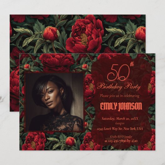 美しい芍薬の花びら 春の誕生日 招待状 (正面/裏面)