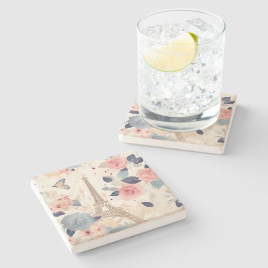 美しい花とエッフェルタワーパリ ストーンコースター (横)