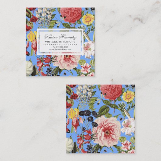 美しい花と昆虫ガーデンフローラブルー スクエア名刺 (正面/裏面)