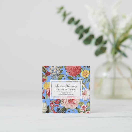 美しい花と昆虫ガーデンフローラブルー スクエア名刺 (スタンド正面)