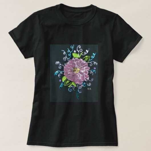 美しい花と渦巻き模様が可愛い黒のTシャツ Tシャツ (デザイン正面)