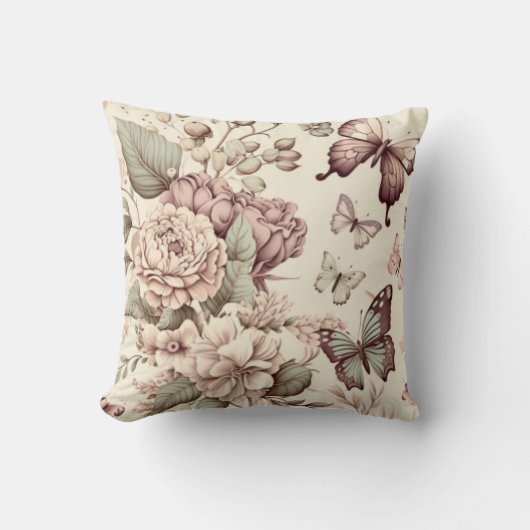 美しい花と蝶　パステルカラー クッション (正面)