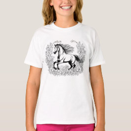 美しい花と馬のペイントアートTシャツ Tシャツ