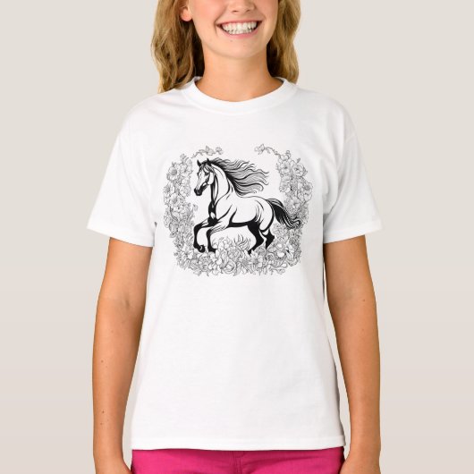 美しい花と馬のペイントアートTシャツ Tシャツ (正面)