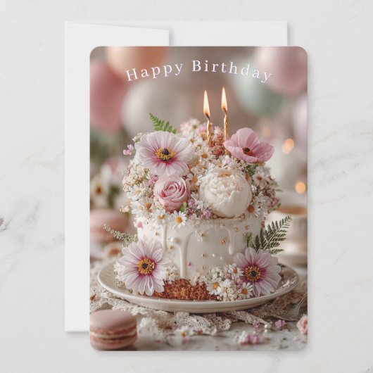 美しい花のケーキのキャンドルでお誕生日おめでとう カード (正面)