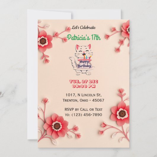 美しい花のバースデーカード ピンクの花 招待状 (正面)