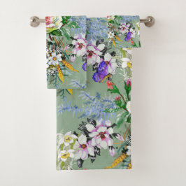 美しい花のパターンバラワイルドフラワーグリーン バスタオルセット