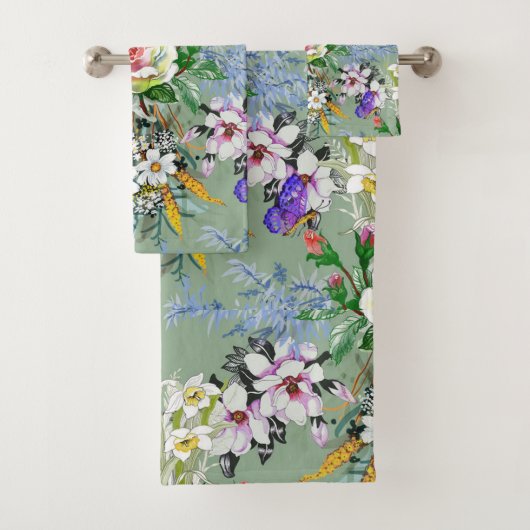 美しい花のパターンバラワイルドフラワーグリーン バスタオルセット (インサイチュ)