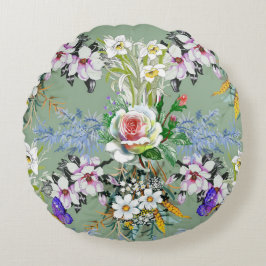 美しい花のパターンバラワイルドフラワーグリーン ラウンドクッション