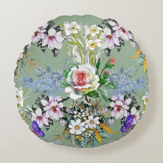 美しい花のパターンバラワイルドフラワーグリーン ラウンドクッション (正面)