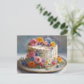 美しい花の付いた誕生日ケーキ ポストカード (スタンド正面)