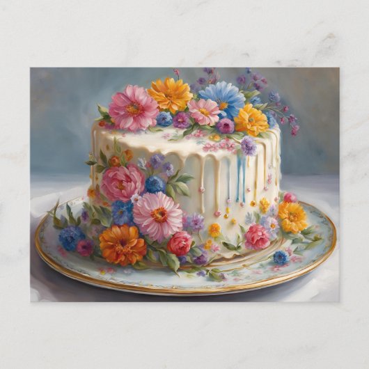 美しい花の付いた誕生日ケーキ ポストカード (正面)