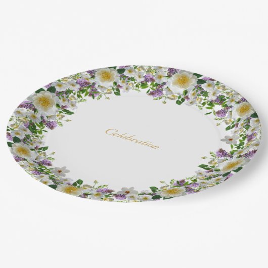 美しい花の冠のリース（紫と白） ペーパープレート (アングル)