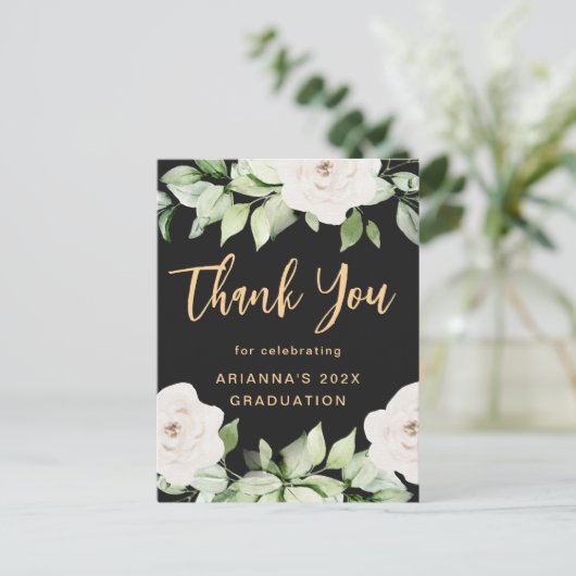 美しい花の卒業感謝メッセージカード 黒 ポストカード (スタンド正面)
