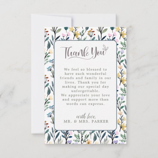 美しい花の手書きスクリプトのウェディング サンキューカード (正面)