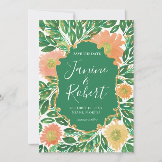 美しい花の水絵画色の保存日付 招待状 (正面)