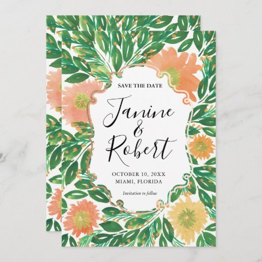 美しい花の水絵画色の保存日付 招待状 (正面/裏面)