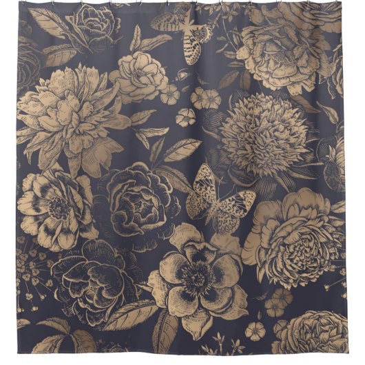 美しい花の牡丹、バラと蝶。 シャワーカーテン (正面)