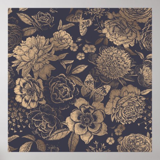 美しい花の牡丹、バラと蝶。 ポスター (正面)