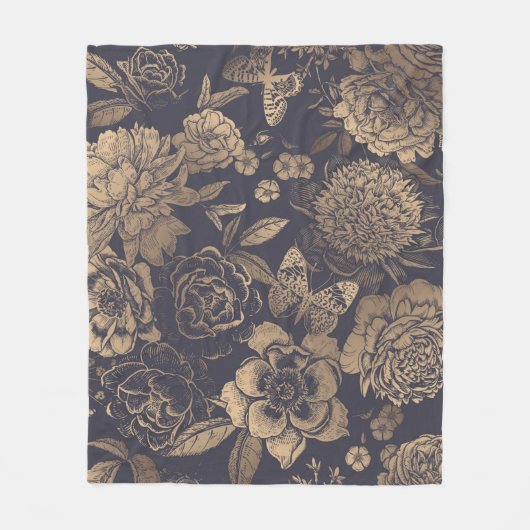 美しい花の牡丹、バラ、蝶。  フリースブランケット (正面)
