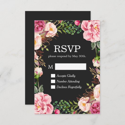 美しい花の装飾 RSVP 返信カード (正面/裏面)