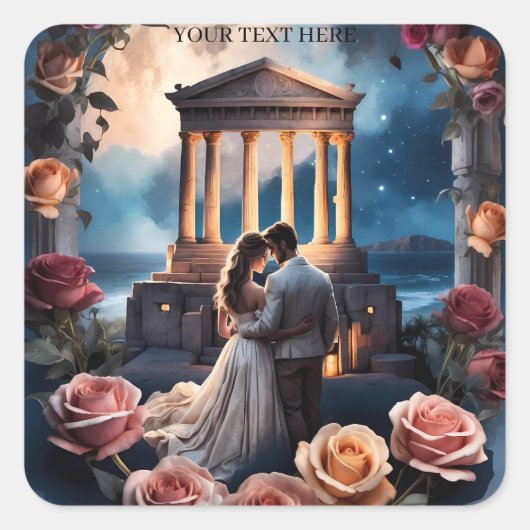 美しい花嫁と新郎が海辺に立つ スクエアシール (正面)