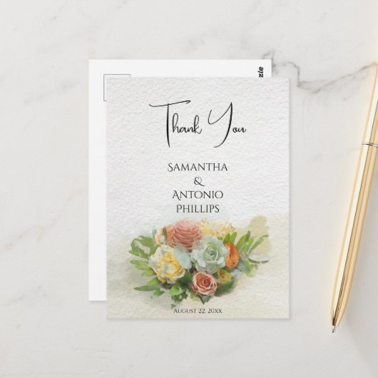 美しい花束の水彩画アート ありがとう ポストカード (正面/裏面インサイチュ)