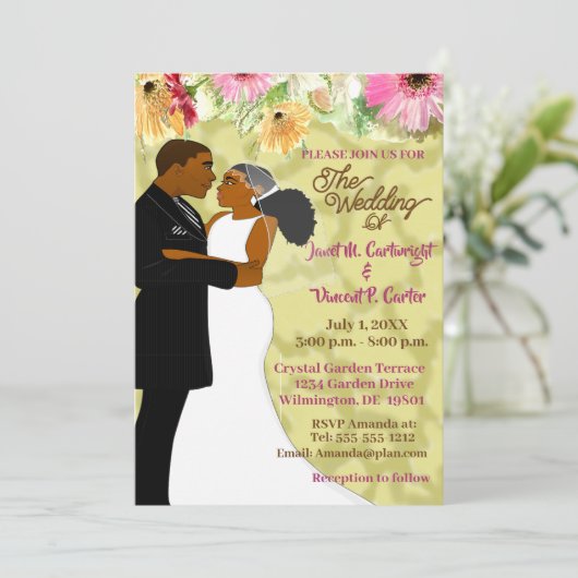 美しい花柄のアフリカ系アメリカ人カップルの結婚式 招待状 (スタンド正面)