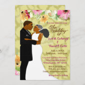 美しい花柄のアフリカ系アメリカ人カップルの結婚式 招待状 (正面/裏面)