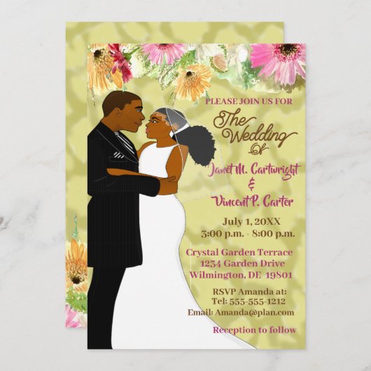 美しい花柄のアフリカ系アメリカ人カップルの結婚式 招待状 (正面/裏面)
