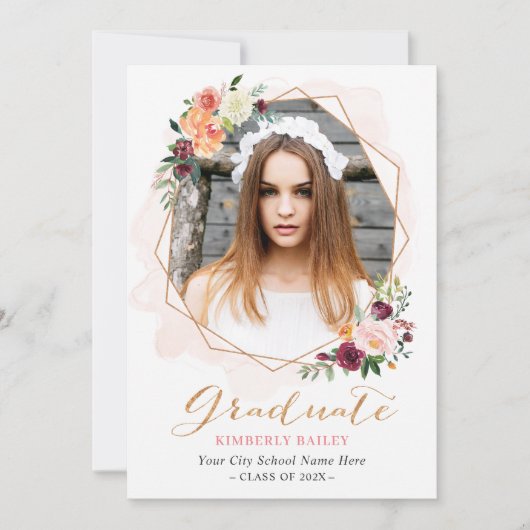美しい花柄のゴールドフレーム写真 卒業パーティー 招待状 (正面)