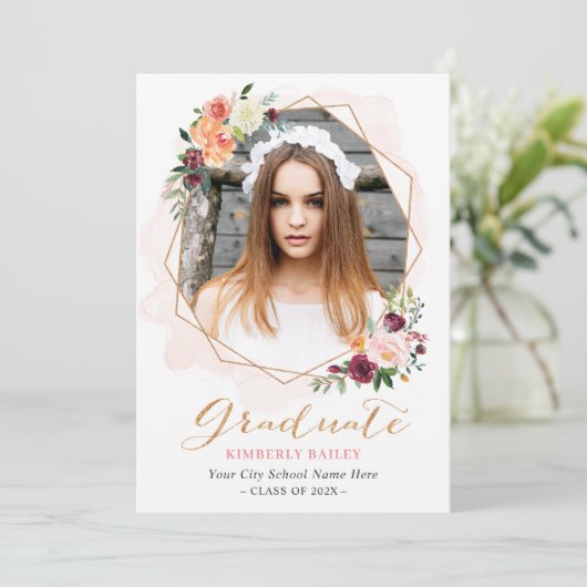 美しい花柄のゴールドフレーム写真 卒業パーティー 招待状 (スタンド正面)