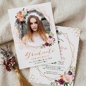 美しい花柄のゴールドフレーム写真 卒業パーティー 招待状