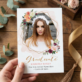 美しい花柄のゴールドフレーム写真 卒業パーティー 招待状