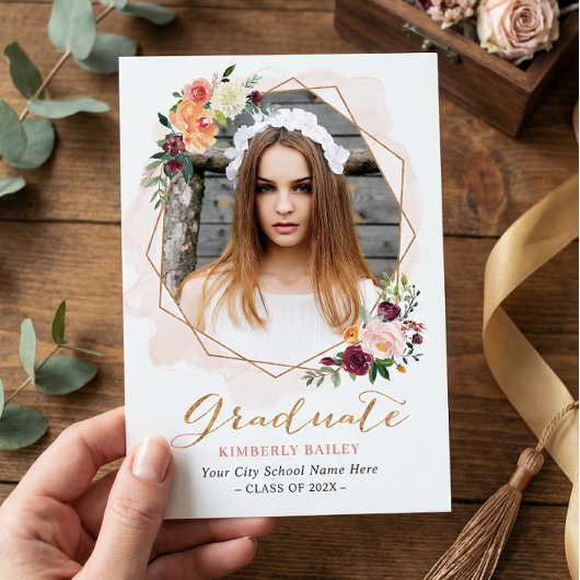 美しい花柄のゴールドフレーム写真 卒業パーティー 招待状