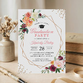 美しい花柄のゴールドフレーム写真 卒業パーティー 招待状